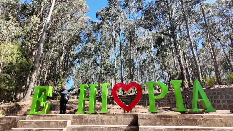 A person stands beside large green letters spelling “Ethiopia” with a red heart in place of the O, surrounded by tall trees
