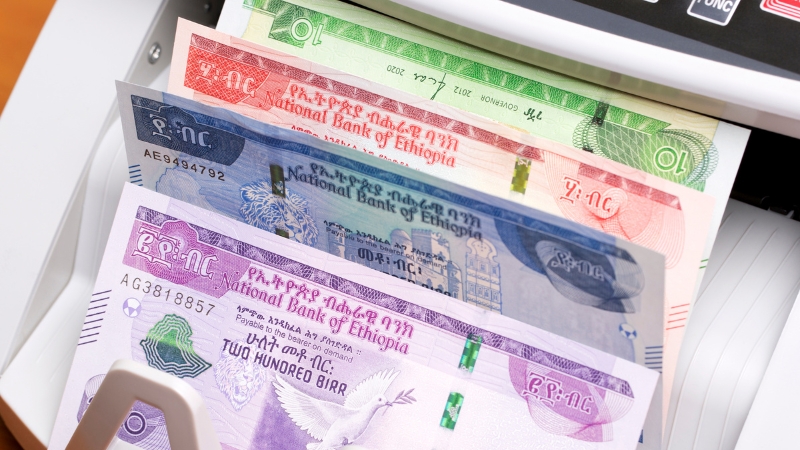 Ethiopian birr banknotes stacked in a counting machine, showing currency risk for foreign buyers